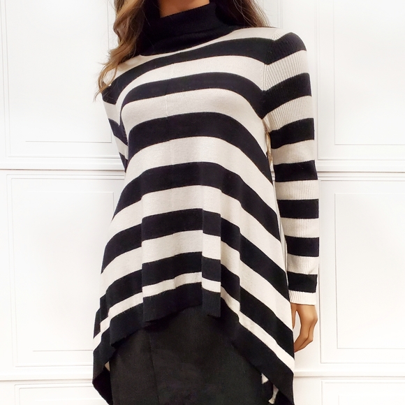 INC Cashmere Wool Striped Handkerchief Knit Top Large Petite LP Cozy Black White - Picture 6 of 11